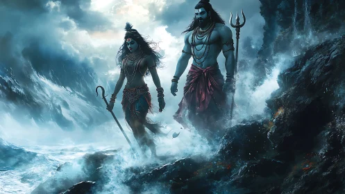Storm-lashed deities stride through turbulent mythic seascape