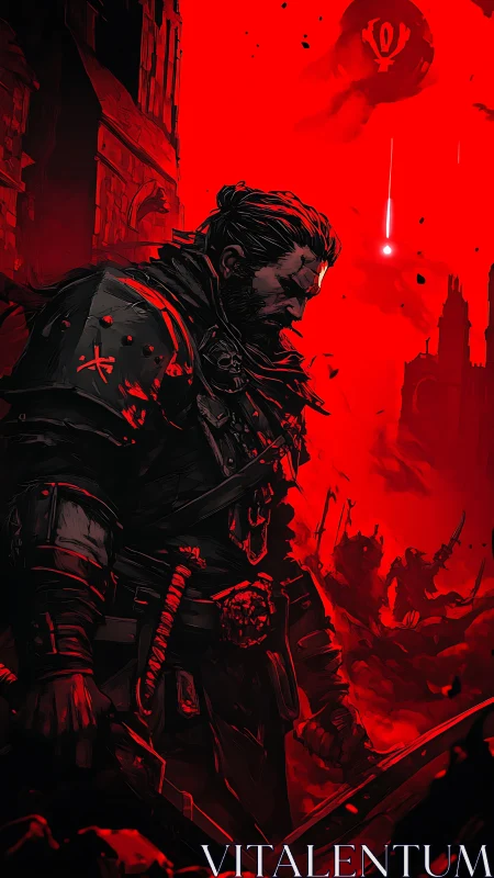 Dark warrior in crimson battlefield with high-contrast comic style.