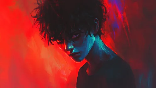 Brooding youth glows against violent red digital backdrop
