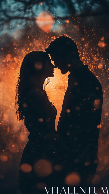 Silhouetted couple with golden bokeh particles, warm backlighting atmospheric effect