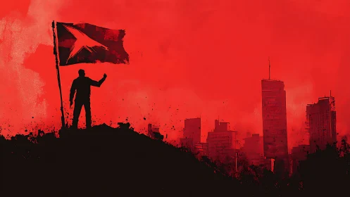 Silhouette of a lone protester raises flag over red cityscape.