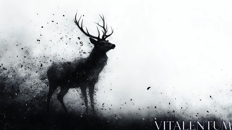 Stag silhouette dissolves into monochrome particle storm.