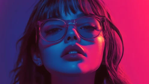 Neon-lit portrait of woman with glasses in duotone glow.