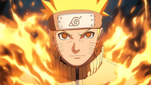 Fiery chakra-clad shinobi in frontal anime close-up portrait.