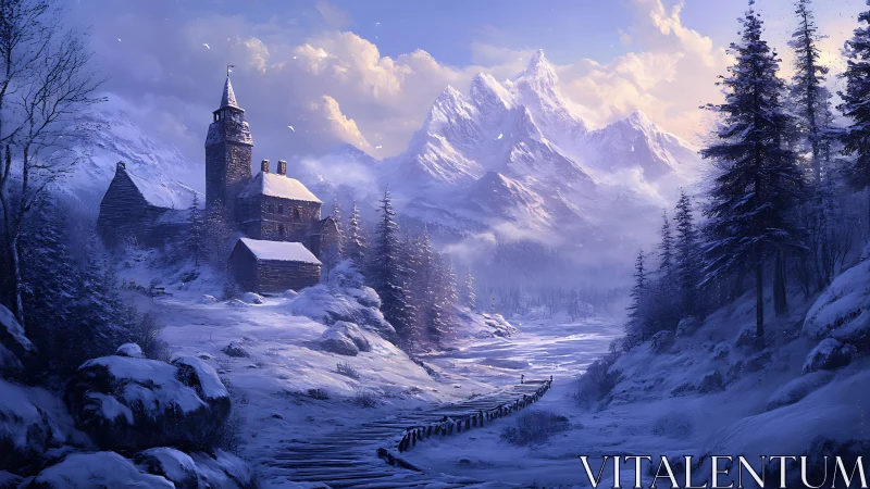 Snowbound mountain keep overlooks frozen river valley.