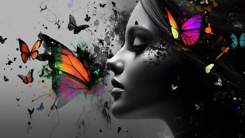 Digital portrait with butterflies and ink-like color bursts.