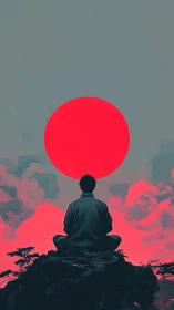 Quiet hillside meditation beneath a bold crimson sun.