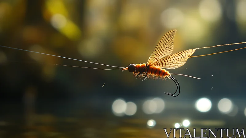 Fishing fly lure with insect wings suspended over water