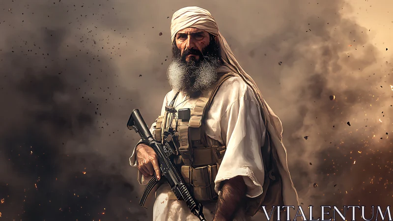 Armed man in tactical vest amid dense explosion smoke.