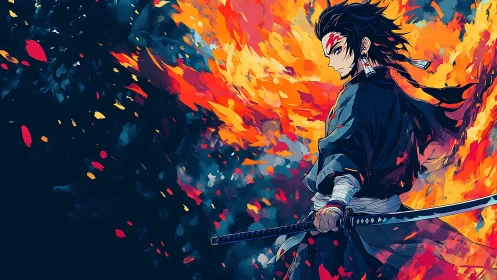 Fiery samurai warrior stands strong amid swirling embers