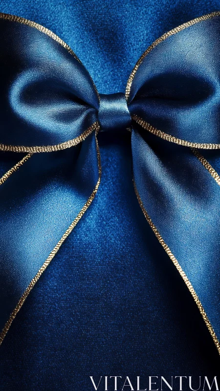 Specular macro study of blue satin bow with gilt edging.