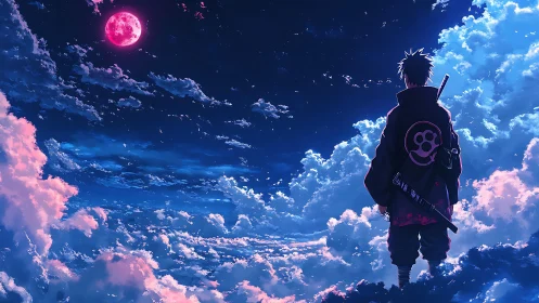 Skybound ronin gazes at neon-pink moon above cloud seas.