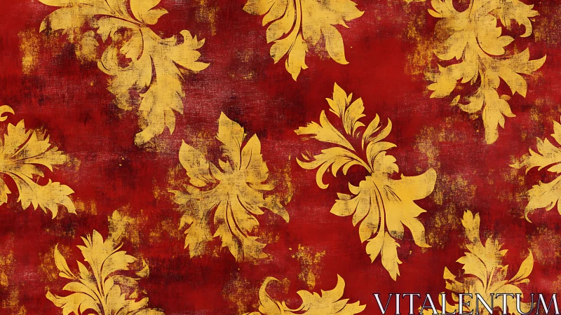 Baroque gold damask leaves on distressed red backdrop.