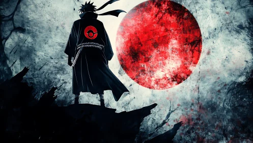 Lone cloaked warrior stands boldly before a blazing red sun