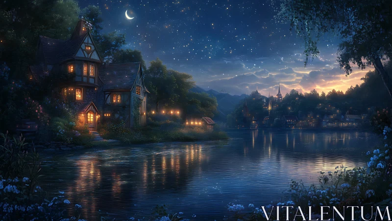 Lakeside village houses glow under a starry twilight sky