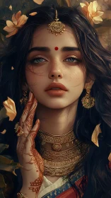 Portrait of woman with jewelry, henna, and floral elements.