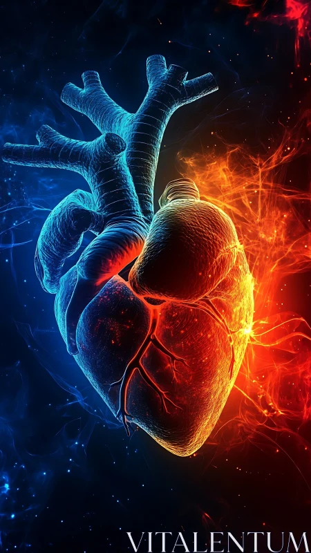 Bicolor anatomical heart rendered in contrasting thermal tones.