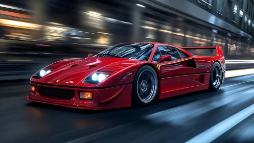 Red supercar streaking through illuminated city streets.