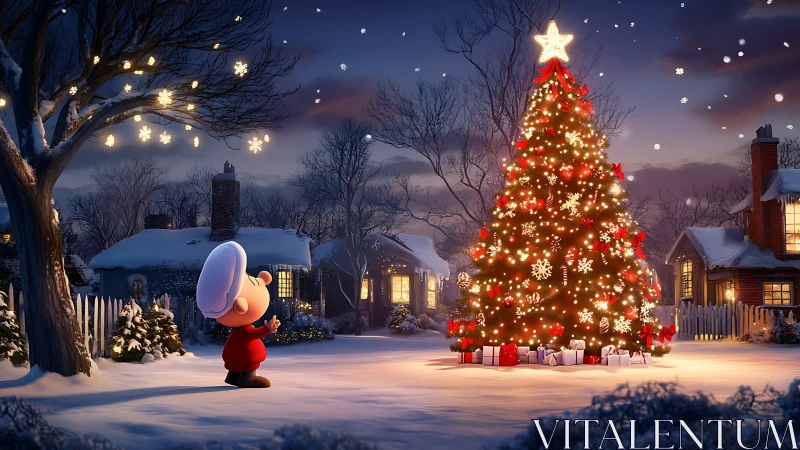 Snowy village yard with decorated outdoor Christmas tree.