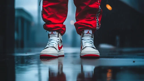 High-top sneakers on wet urban pavement with red joggers