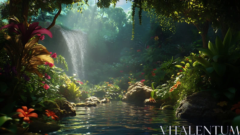 Sunlit jungle waterfall invites you into a peaceful hideaway