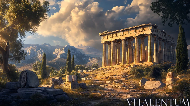 Sunlit Doric temple ruins amid Mediterranean mountain valley