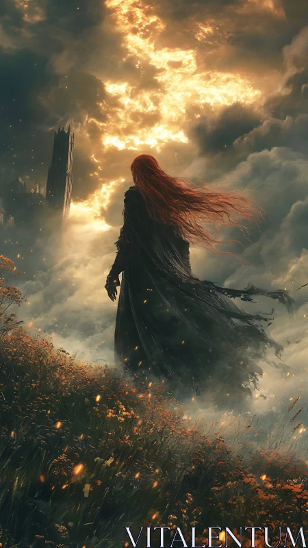 Stormlit wanderer before burning sky and distant spire.