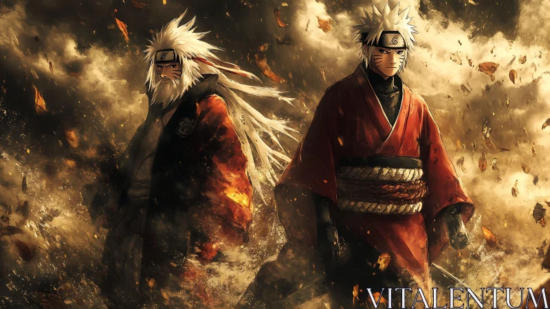 Legendary ninja master and student stride through swirling leaves.