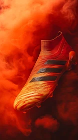 Flaming orange football boot slices through swirling smoke.