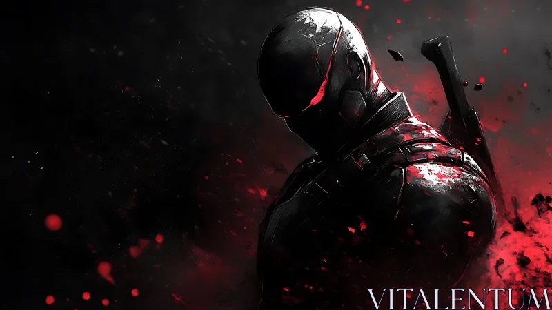 Armored shadow warrior emerges from red explosive darkness