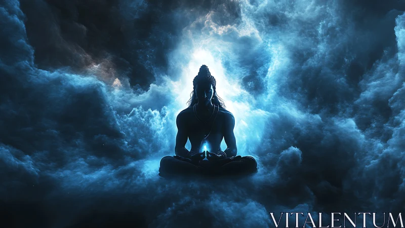 Silhouetted figure meditates in glowing cosmic clouds