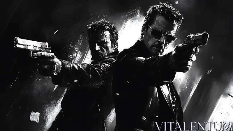 Dual gunmen hold their ground in a stark noir crossfire