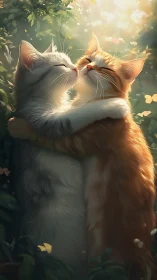 Two Cats Nuzzling in Sunlit Garden Embrace.