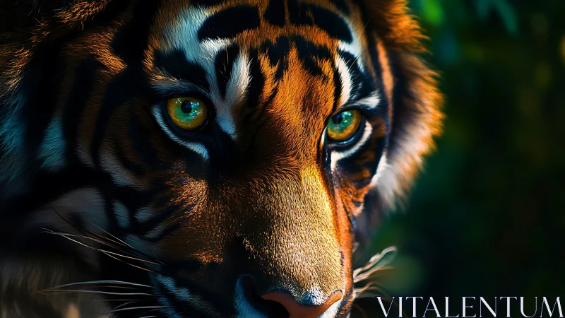 Fire-eyed jungle tiger stares through jeweled shadows.