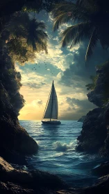 Sailboat viewed through rocky coastal gap at sunset.