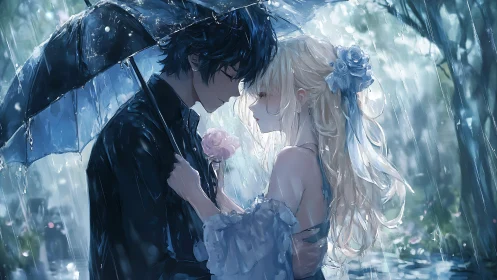 Rain-soaked almost-kiss beneath a stubborn midnight umbrella.