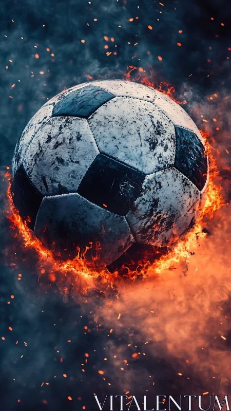 Scorched match ball orbiting in a storm of flying sparks.