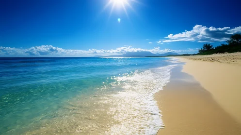 High-noon coastal seascape renders luminous surf and horizon