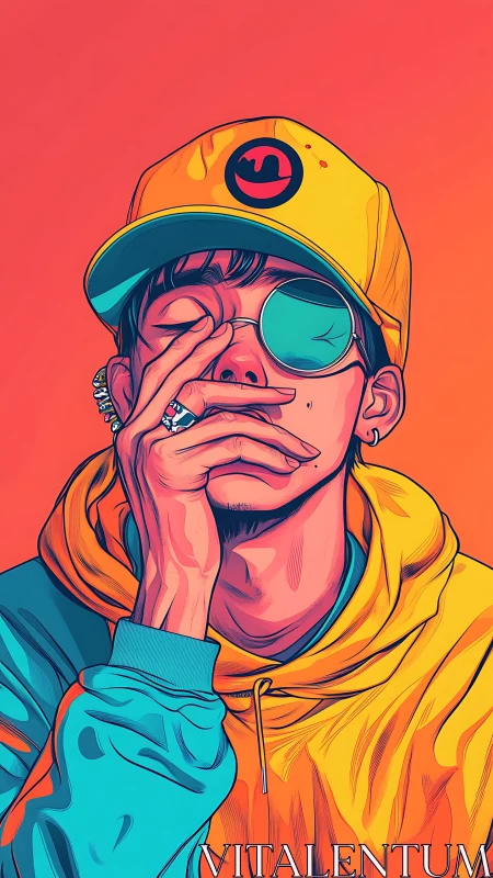 Streetwear youth in neon pop colors hides thoughtful gaze.