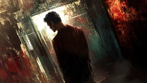 Solitary figure in doorway amid blurred urban colors.