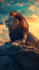 Majestic lion rendered in dramatic sunset photorealism