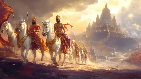 Armored cavalry advance toward luminous temple under stormlit sky