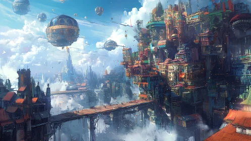 Vertical floating city rises above clouds with sky bridges