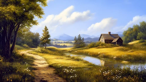 Sunlit country cabin overlooks calm river in summer meadow