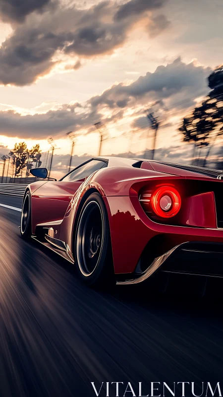 Red supercar races into sunset on dramatic track scene.