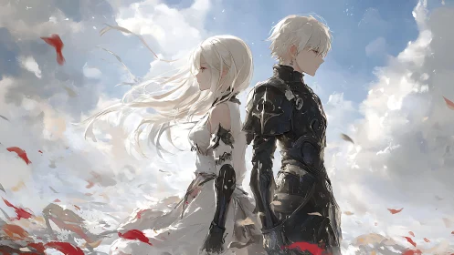 Anime warrior duo under windswept sky in contrast armor.