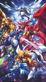 Vertical anime mecha ensemble with dynamic chromatic lighting.