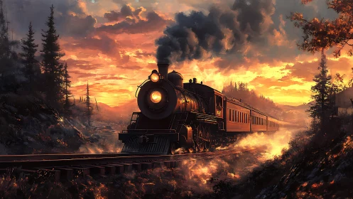 Steam locomotive advances through incandescent sunset valley