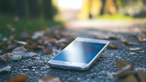 Samsung Smartphone on Concrete Path with Autumn Foliage.
