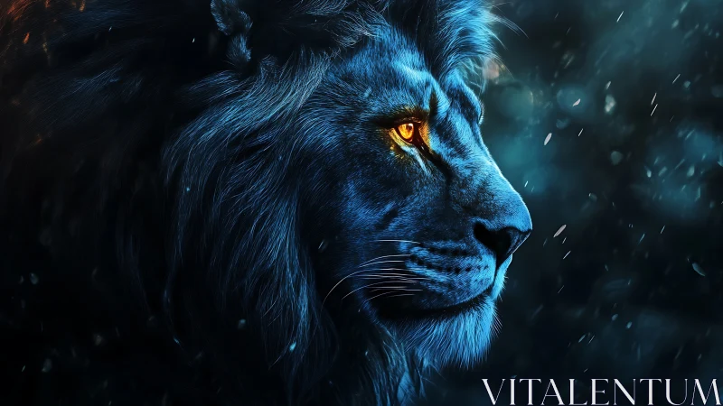 Majestic blue lion gazes into glowing night with fierce calm